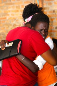hugging lady after receiving bible